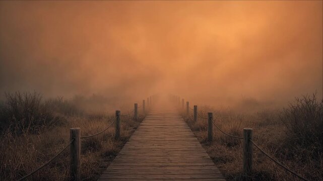 Cinematic Climate Disaster Wooden Boardwalk Pathway Through Orange Fog, Mist, Dry Grass, Rope Post Markers, and Barren Marshland Haze Signaling Uncertainty and Solitude