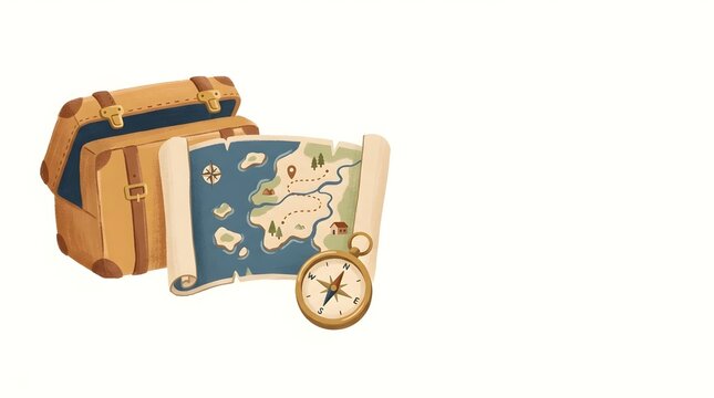 Treasure map, vintage compass and travel suitcase on white