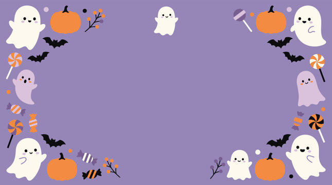 A festive halloween background vector featuring cute ghosts pumpkins bats and candy elements on a soft purple frame design template