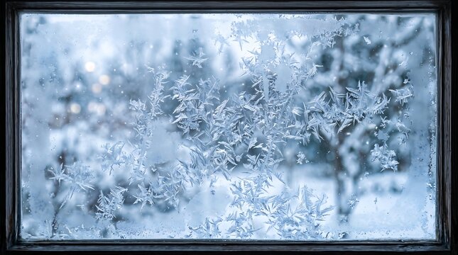 Intricate ice crystal patterns formed on the surface of a windowpane during a cold winter day with snowy outdoor background
