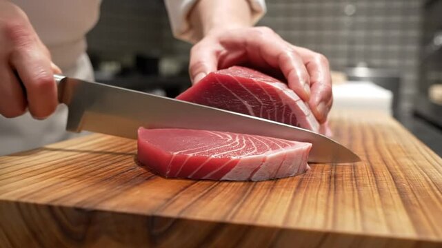 Chef carefully slicing fresh tuna with a large sharp knife on a wooden cutting board, preparing sushi