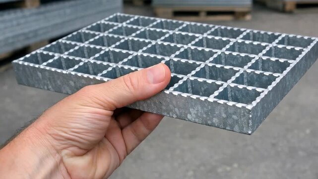 Hand holds a gray composite grating with square openings