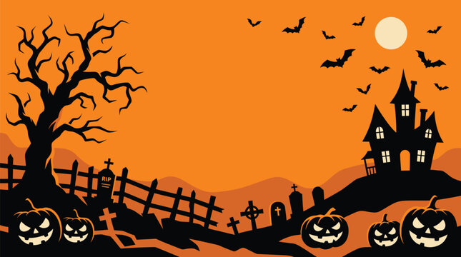A spooky halloween background vector illustration featuring a haunted house dead trees bats pumpkins and a full moon design