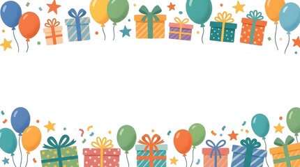 Fototapeta premium Birthday party background with gifts and balloons banner frame