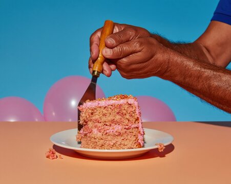 Pink layered cake slice being served onto a white plate by the weathered hands of a man, for bakery and family celebration themes