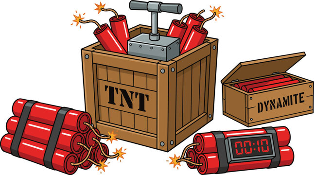 Red dynamite sticks and tnt explosive boxes set with detonator plunger mechanism and digital countdown timer bomb