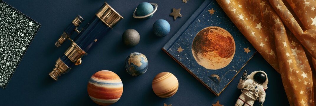 Childrens space themed items arranged on a dark navy surface include a telescope, planet stress balls, and an astronaut figurine.