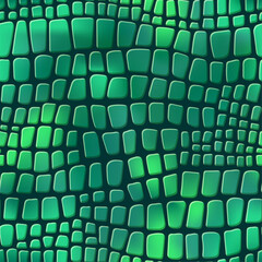 Fototapeta premium Seamless green crocodile skin pattern. Reptile leather vector background. Gradient animal print texture. Hand drawn glossy spotted wildlife organic shape. Fashion snake textile, wrapping paper, decor.