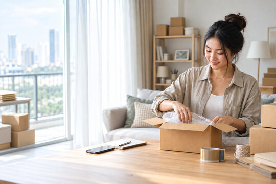 Woman packing a parcel