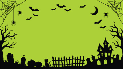 A spooky halloween background vector illustration featuring silhouettes of haunted houses bats spiders and a creepy fence on green backdrop © Crafted Canvas