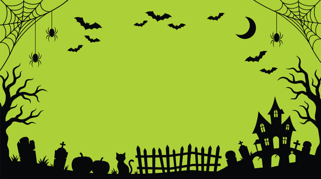 A spooky halloween background vector illustration featuring silhouettes of haunted houses bats spiders and a creepy fence on green backdrop