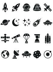 Space Icons Set Vector Astronomy Galaxy Symbols Black Silhouette Collection © BeNeed Vactory