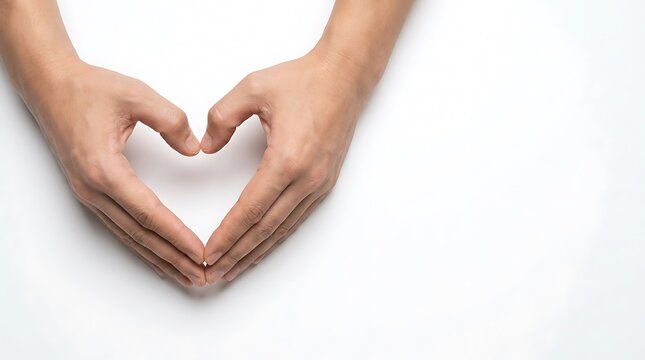 Two hands making heart shape gesture against white background symbolizing love care and friendship