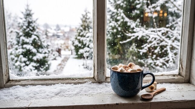 Cozy Hot Chocolate With Marshmallows On A Snowy Window Sill With Winter Landscape Outside vector illustration