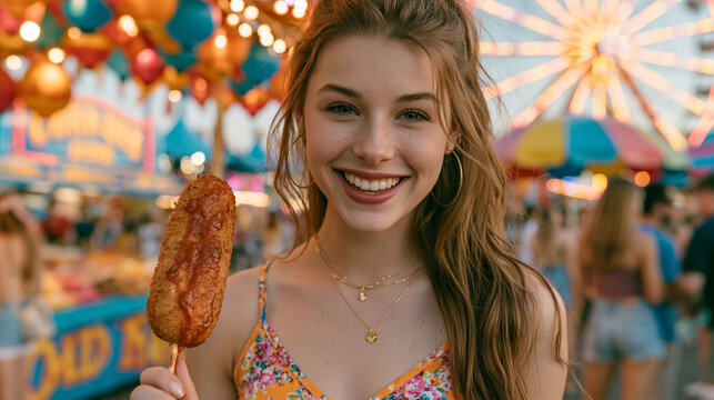 Happy woman eating a corn dog at a summer carnival with fairground lights