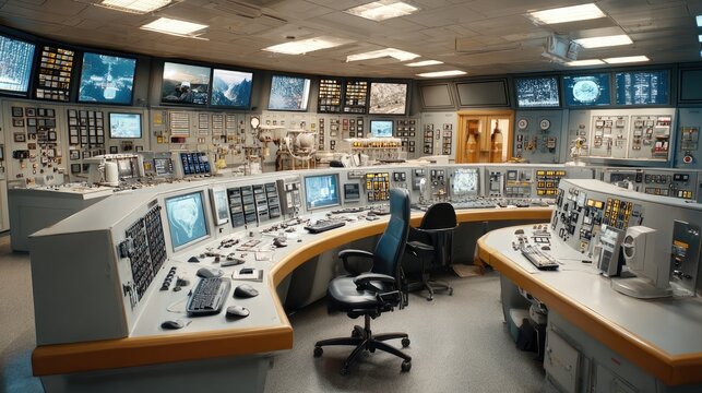 Control Room Hub: A state-of-the-art control room equipped with numerous monitors, complex machinery, and advanced technology, indicating a central hub for monitoring and operations.