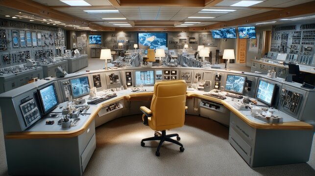 Control Room Command Center: A high-tech control room, filled with screens, consoles, and blinking lights, overseen by a solitary yellow executive chair.