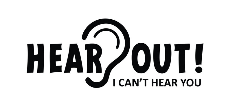 Hear out. what are you saying or i can't hear you. Limited hearing. Deafness symbol and audible sign. Hearing loss impairment logo. Flat vector ear pictogram signs. Hard of hearing icons