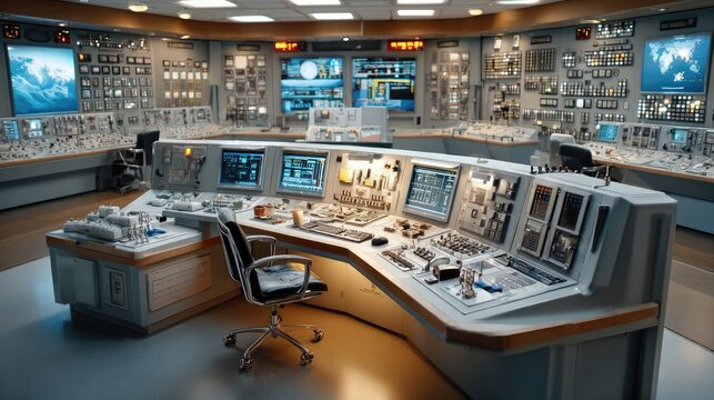 Control Room Hub: A futuristic command center filled with advanced technology, multiple screens displaying data, and a central console for monitoring complex operations.