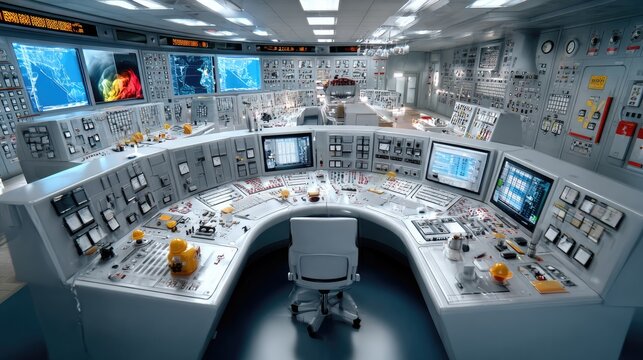 Control Room Futuristic: A state-of-the-art control room featuring advanced technology, multiple monitors displaying data, and an ergonomic chair, designed for optimal operation and monitoring.