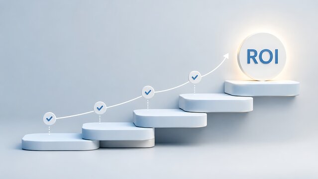 ROI Return On Investment Concept With Glowing Circle Atop White Stepped Podium And Ascending Growth Arrow