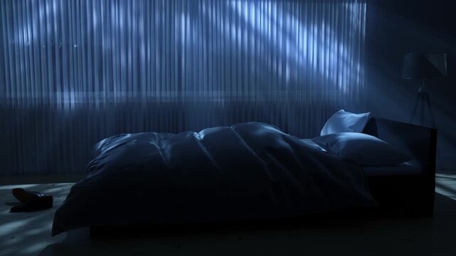 3D Animation of a Bedroom with cosy low bed at night with light rays through curtains