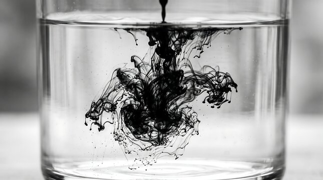 Black ink droplet dispersing into swirling patterns within a clear glass container of liquid water with disperses intricate swirling