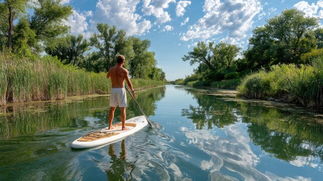 Paddleboarding Serenity: A man enjoys a tranquil paddleboard excursion on a calm river, surrounded by lush green reeds and trees under a picturesque blue sky with fluffy clouds.