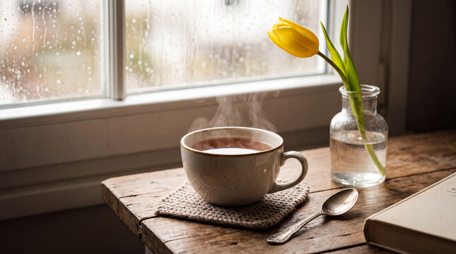 Steaming hot tea in a mug on a rustic wooden table by a rain streaked window, creating a cozy atmosphere for relaxation and a tranquil wellness moment at home