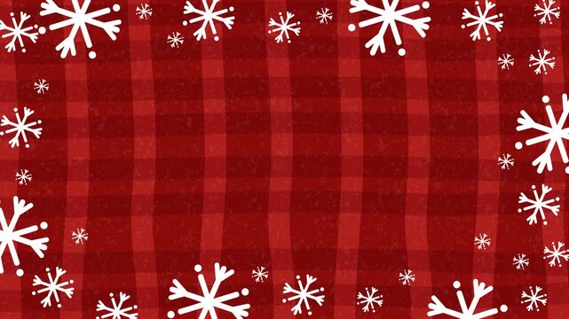 Christmas snowflake background animation, horizontal video loop with animated white snowflakes frame on red plaid textured backdrop. Festive holiday video background with copy space for
winter greetin