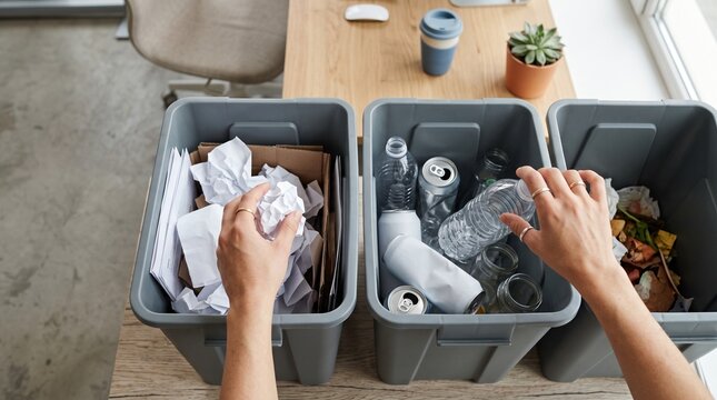 Person sorting waste into three recycling bins for paper plastic and general trash vector illustration