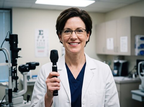 Professional female doctor holding otoscope in modern clinic setting