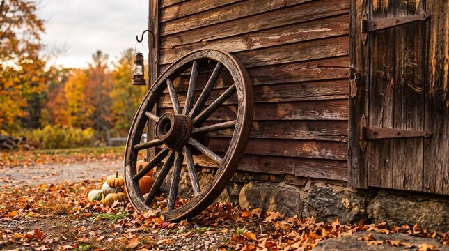 Rustic wooden wagon wheel and pumpkins against an old barn wall with autumn leaves vector illustration