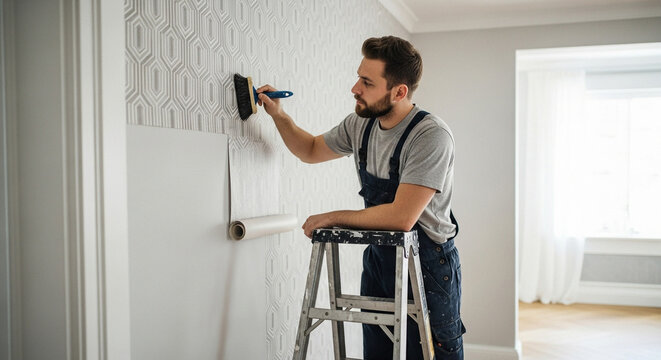 Man applying wallpaper in a bright room