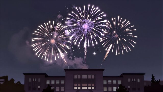 Vibrant purple fireworks explode above a dark, silhouetted cityscape at night.