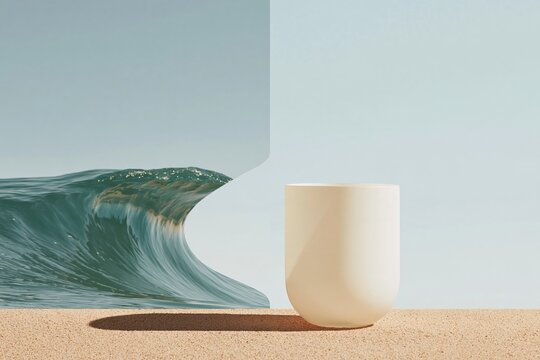 Beach wave and a smooth glass vessel in a diptych composition, featuring a curling ocean crest and a sleek cream object for coastal design