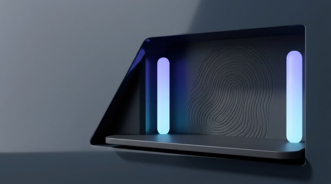 Empty product display stage with glowing blue and purple lights in dark room