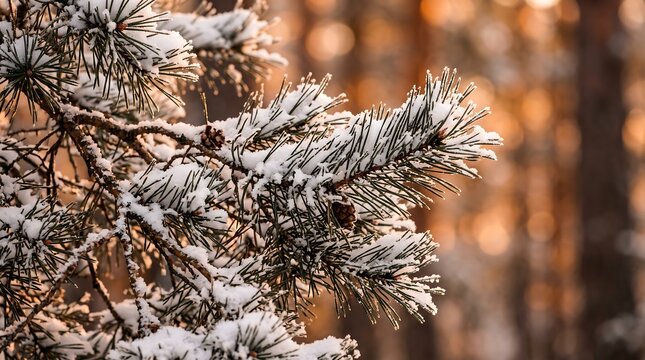 Snow covered pine tree branches with small cones during a golden sunset in winter forest
