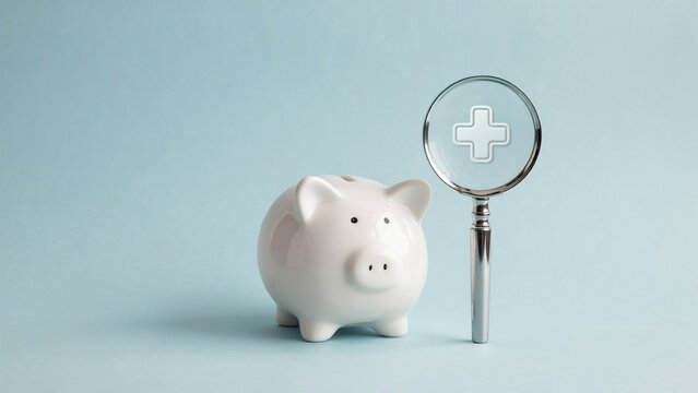 white piggy bank with magnifying glass showing plus sign for health care finance