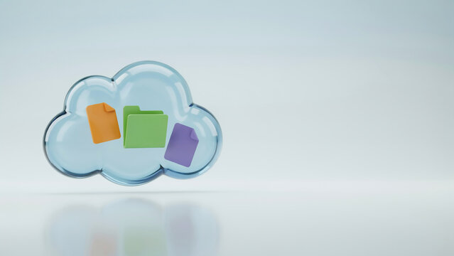 3d glass cloud storage icon with document files and folder