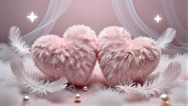 Pink fluffy hearts, feathers, pearls, and sparkles on soft clouds.