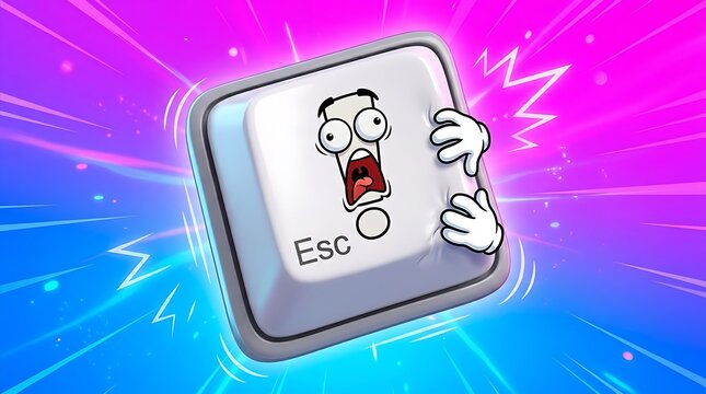 Panicked Cartoon Esc Key Gripping Sides on Vibrant Pink-Blue Energy Background
