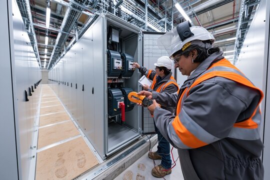 South Asian woman in an arc rated jacket using a clamp meter on a switchgear cubicle, concentrated in a cool industrial setting for utility