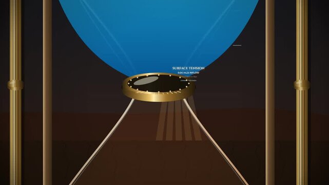 Abstract conceptual animation showing a global clean water crisis with a giant falling water droplet evaporating before reaching thirsty silhouettes representing humanity's struggle for resources