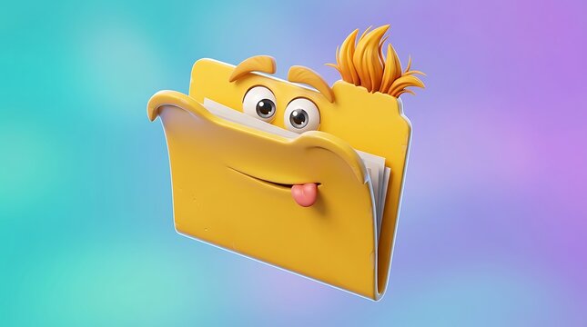 Vibrant 3D Cartoon Yellow Folder Character with Playful Expression and Spiky Hair