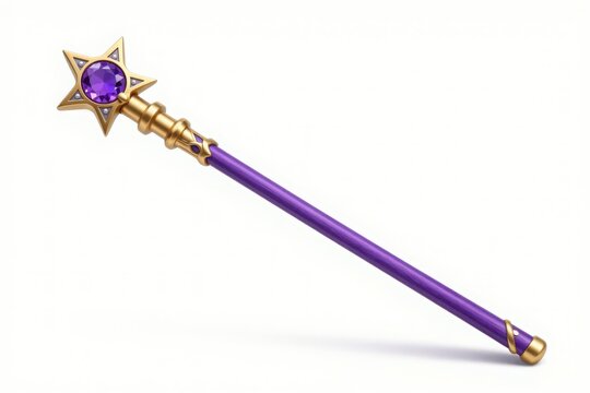Elegant golden magic wand with purple shaft and sparkling violet gem in star.