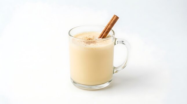 A warm glass of eggnog with a cinnamon stick garnish on a white background