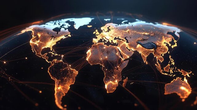 Glowing world map with luminous network lines on a dark background, symbolizing global connectivity and technology