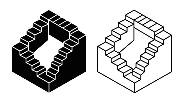 Penrose Staircase Optical Illusion: Two monochromatic depictions of the impossible Penrose staircase, a mind-bending geometric paradox that defies conventional perspective and logic.