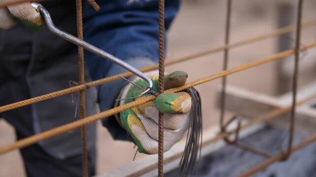 Close-up view of gloved hands twisting steel rebar and fastening wire in reinforced concrete grid, showing rusty texture, muted colors, and careful manual craftsmanship on indoor worksite